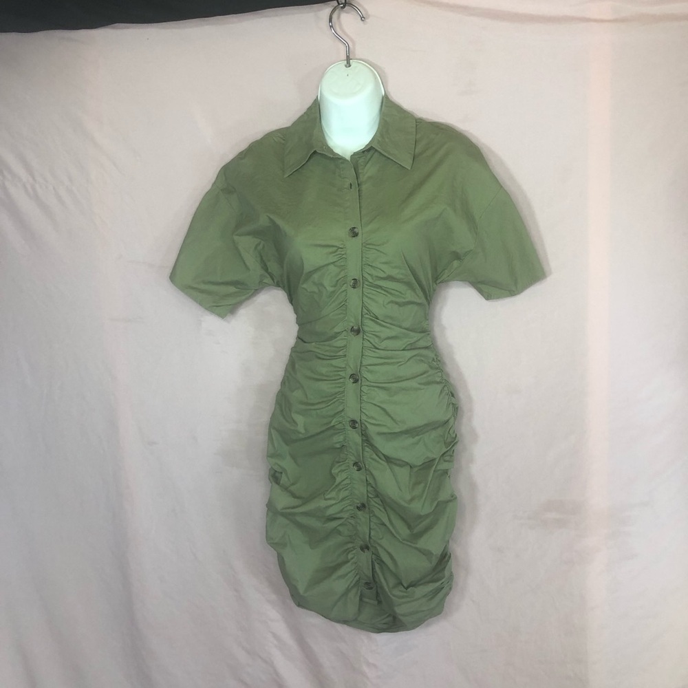 Size XS Olive Green Ruched Shirt Dress